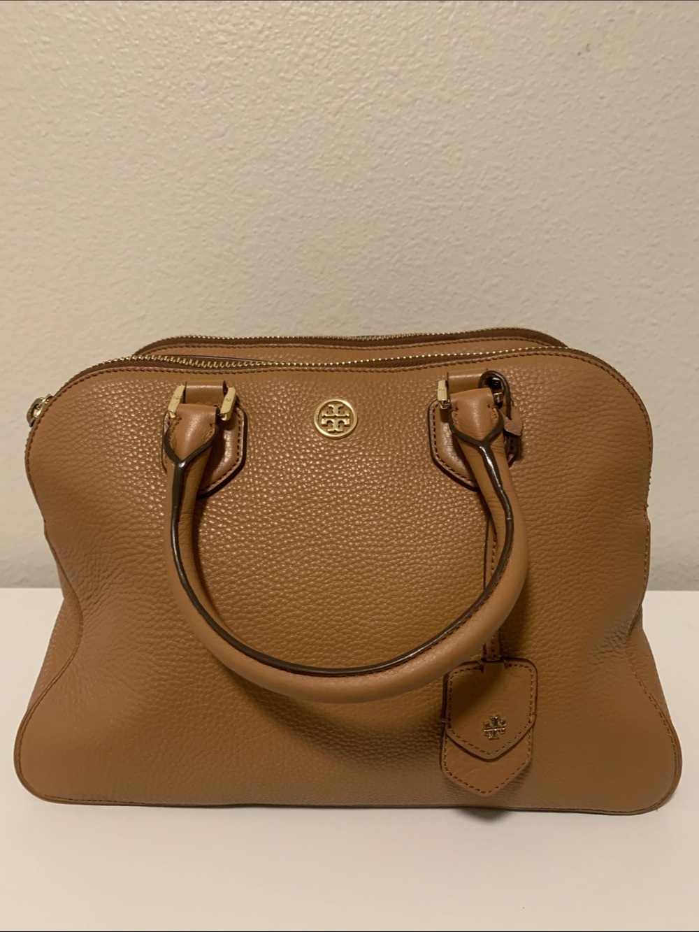 Tory Burch Robinson Camel Brown Pebbled Leather Satchel with Gold Logo